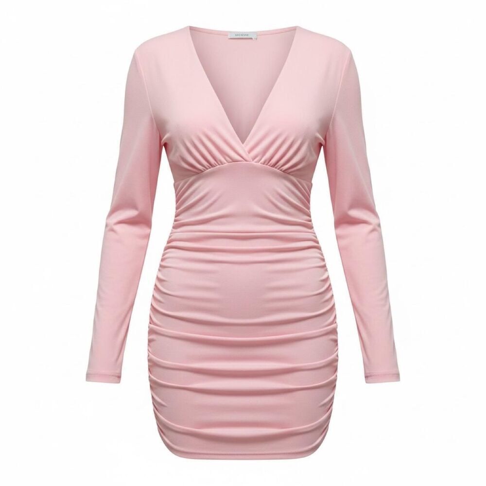 Boutique Blush Pink Ruched Plunging V-Neck Bodycon Dress S